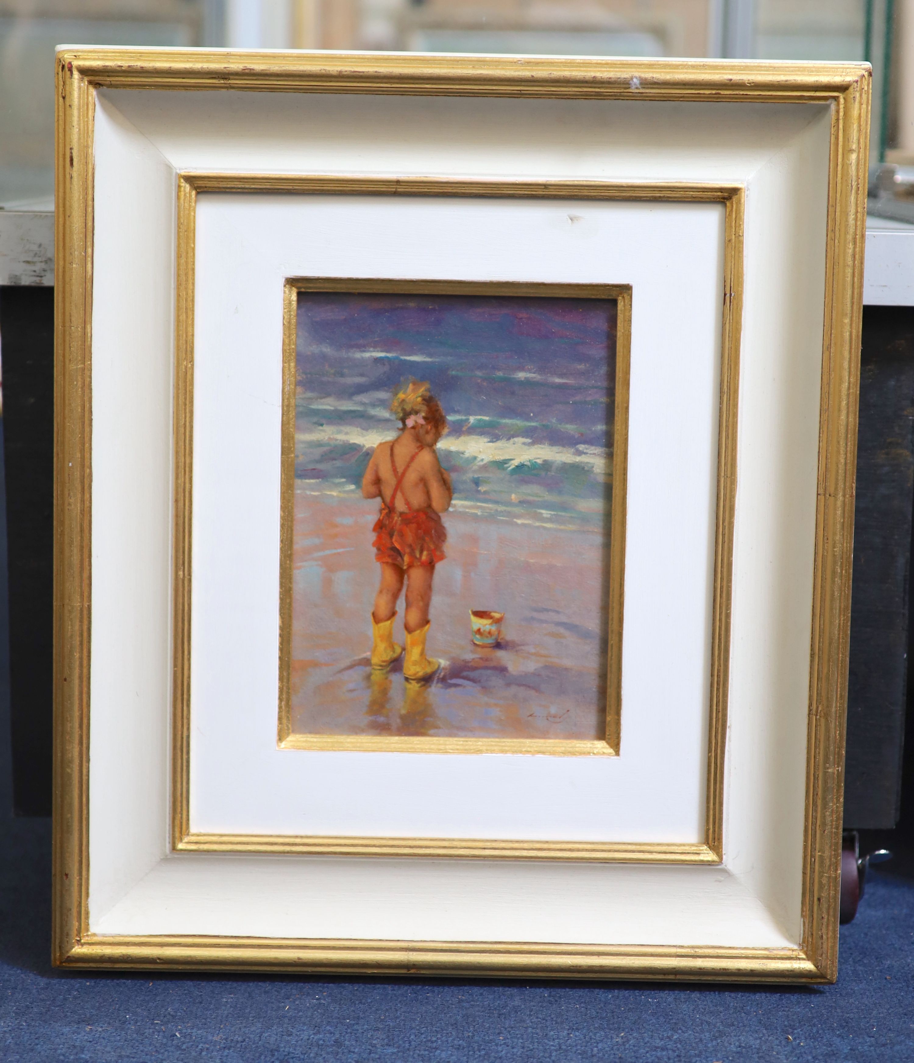 Ken Moroney (1949-2018), On the seashore, Oil on board, 24 x 17cm.